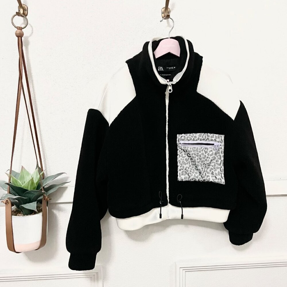 ZARA Contrast Pocket Fleece Jacket Black White Leopard Size M - Picture 2 of 7